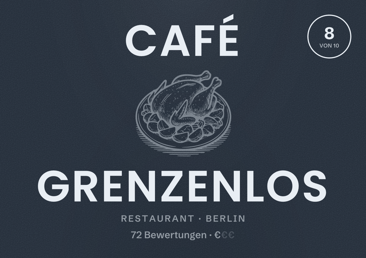 Illustriertes Poster von Café Grenzenlos, Restaurant in Berlin: Bewertung 8,0 von 10 aus 72 Bewertungen, Preisniveau €