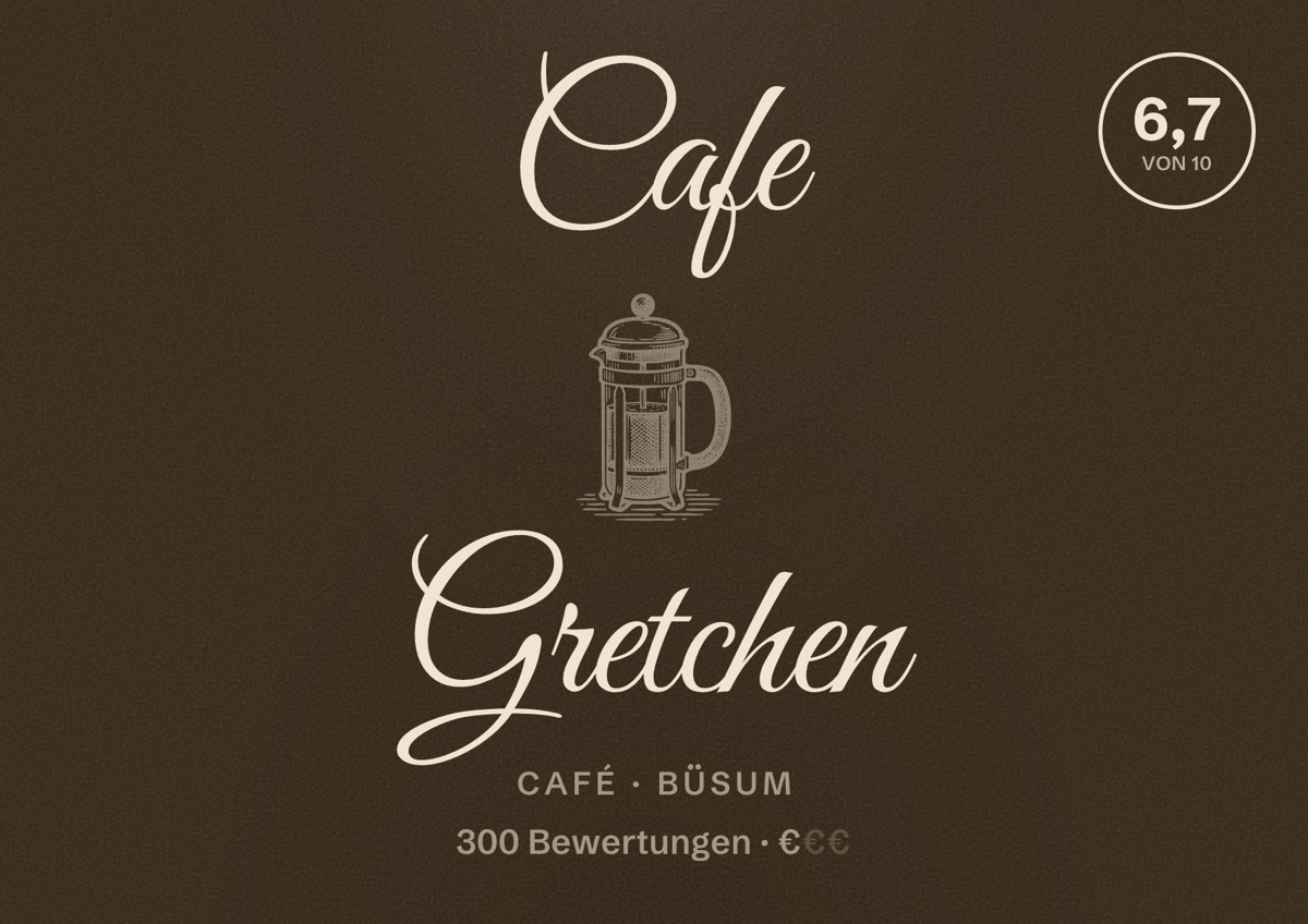 Illustriertes Poster von Cafe Gretchen, Café in Büsum: Bewertung 6,7 von 10 aus 300 Bewertungen, Preisniveau €