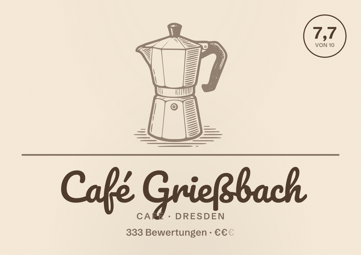 Illustriertes Poster von Café Grießbach, Café in Dresden: Bewertung 7,7 von 10 aus 333 Bewertungen, Preisniveau €€