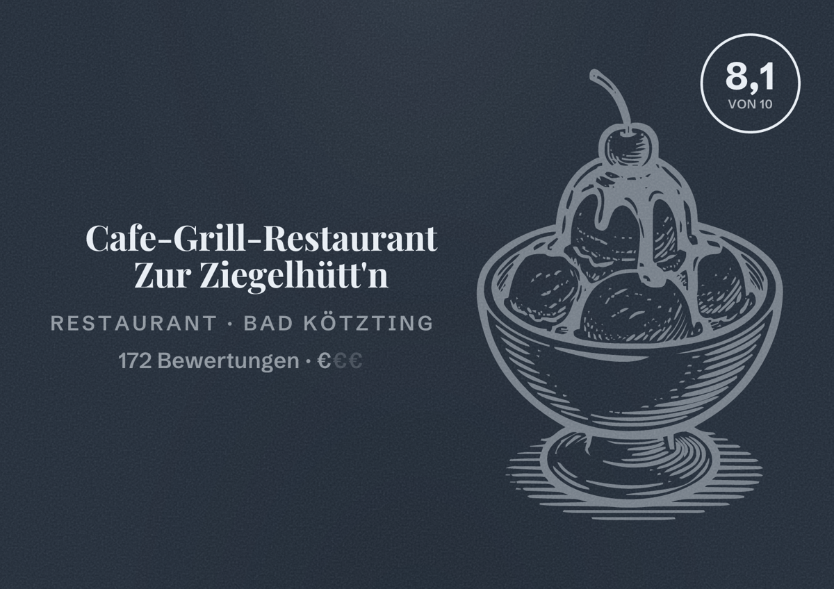 Illustriertes Poster von Cafe-Grill-Restaurant Zur Ziegelhütt'n, Restaurant in Bad Kötzting: Bewertung 8,1 von 10 aus 172 Bewertungen, Preisniveau €