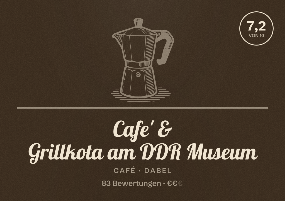Illustriertes Poster von Cafe' & Grillkota am DDR Museum, Café in Dabel: Bewertung 7,2 von 10 aus 83 Bewertungen, Preisniveau €€