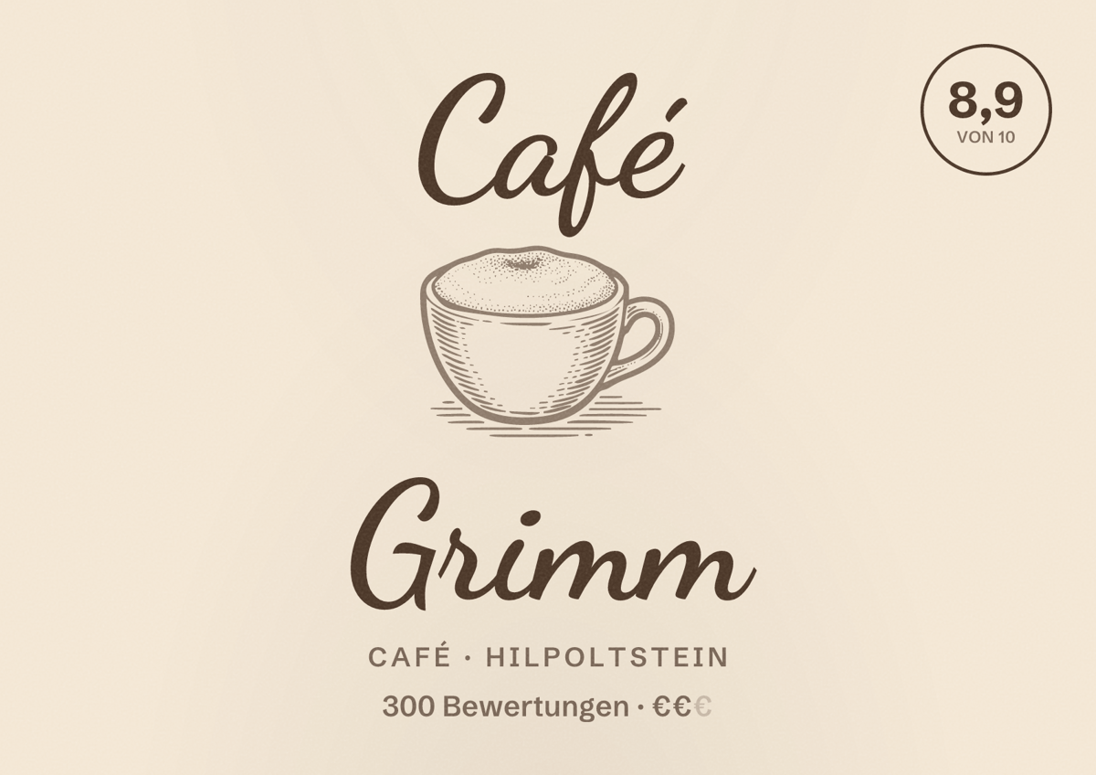 Illustriertes Poster von Café Grimm, Café in Hilpoltstein: Bewertung 8,9 von 10 aus 300 Bewertungen, Preisniveau €€