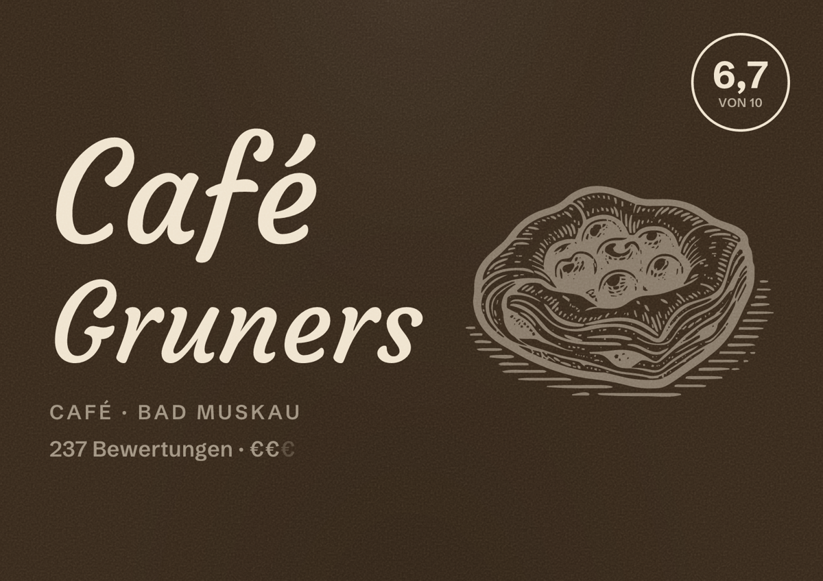 Illustriertes Poster von Café Gruners, Café in Bad Muskau: Bewertung 6,7 von 10 aus 237 Bewertungen, Preisniveau €€