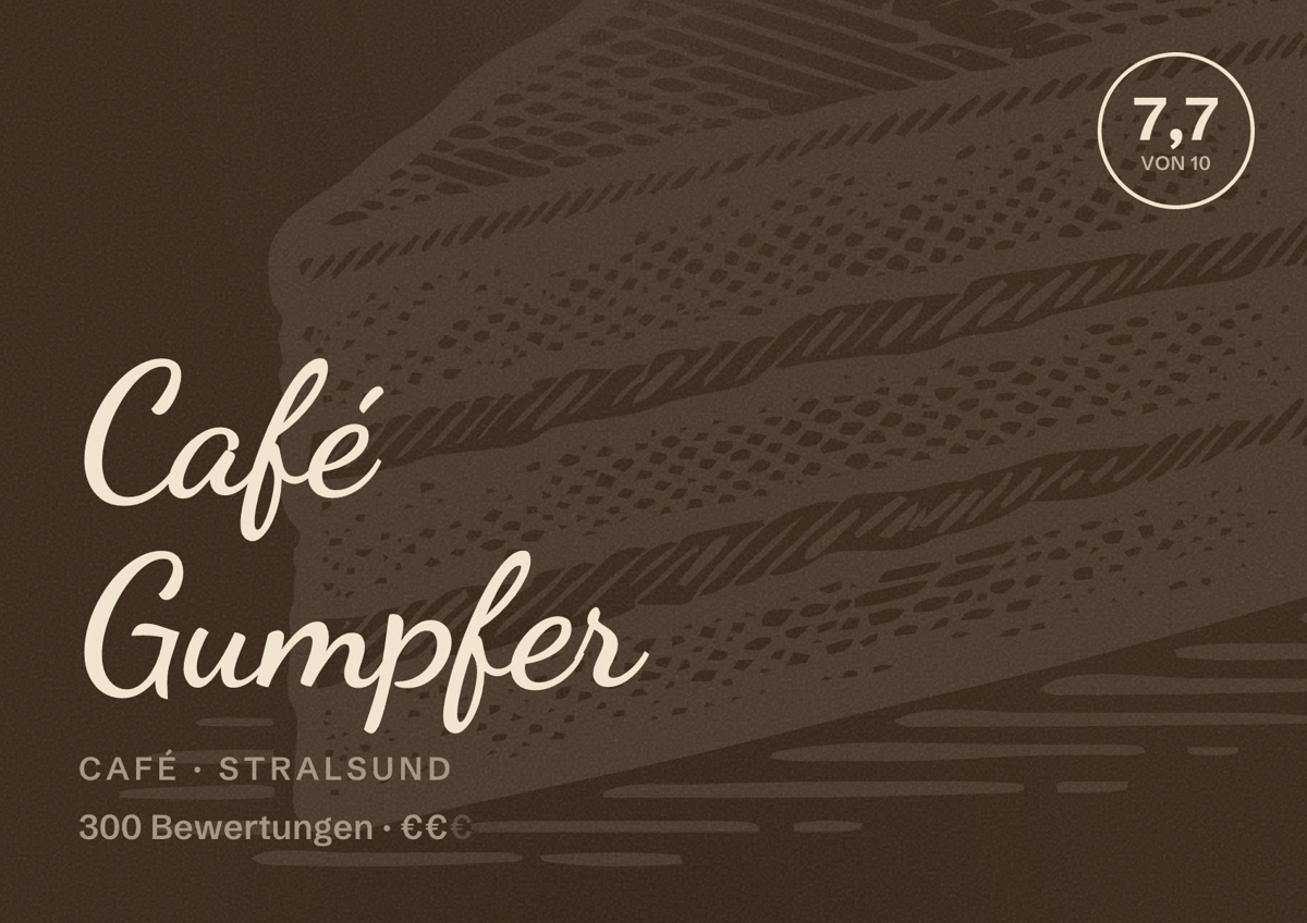Illustriertes Poster von Café Gumpfer, Café in Stralsund: Bewertung 7,7 von 10 aus 300 Bewertungen, Preisniveau €€
