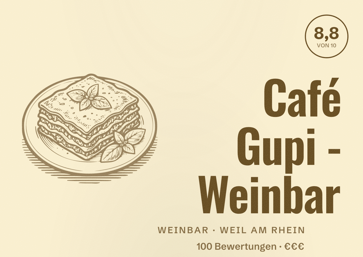 Illustriertes Poster von Café Gupi - Weinbar, Weinbar in Weil am Rhein: Bewertung 8,8 von 10 aus 100 Bewertungen, Preisniveau €€€