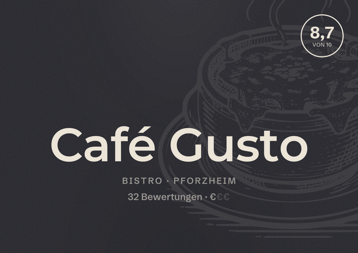 Illustriertes Poster von Café Gusto, Bistro in Pforzheim: Bewertung 8,7 von 10 aus 32 Bewertungen, Preisniveau €