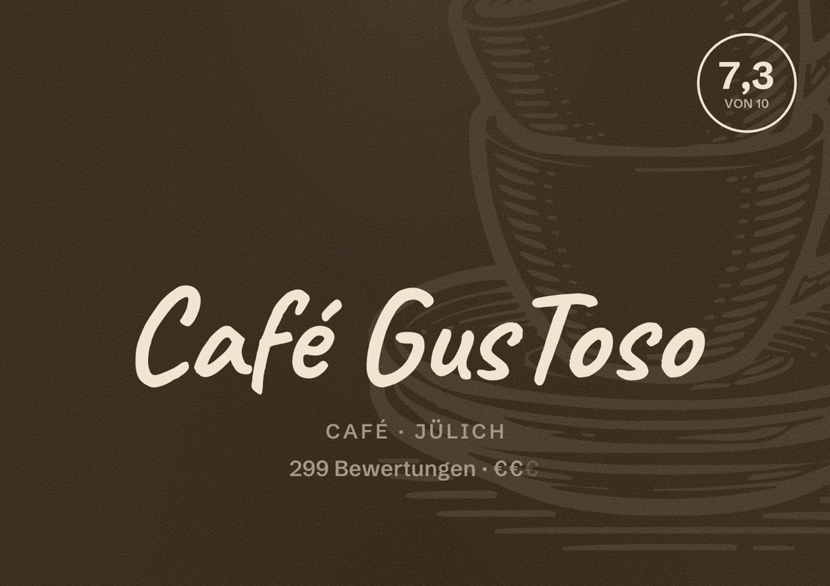Illustriertes Poster von Café GusToso, Café in Jülich: Bewertung 7,3 von 10 aus 299 Bewertungen, Preisniveau €€