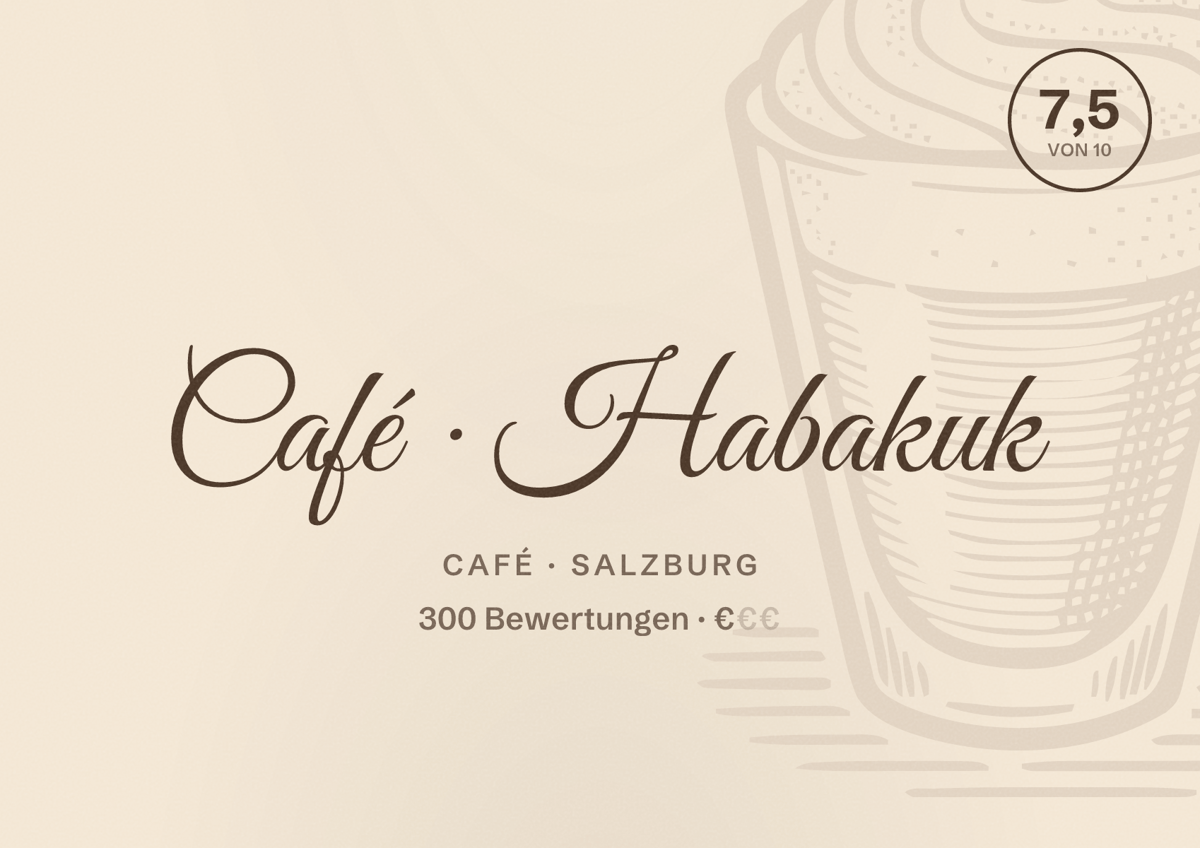 Illustriertes Poster von Café Habakuk, Café in Salzburg: Bewertung 7,5 von 10 aus 300 Bewertungen, Preisniveau €