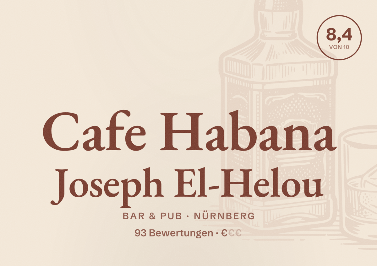 Illustriertes Poster von Cafe Habana Joseph El-Helou, Bar & Pub in Nürnberg: Bewertung 8,4 von 10 aus 93 Bewertungen, Preisniveau €