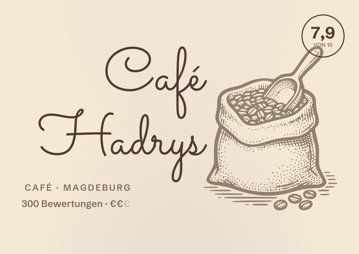 Illustriertes Poster von Café Hadrys, Café in Magdeburg: Bewertung 7,9 von 10 aus 300 Bewertungen, Preisniveau €€