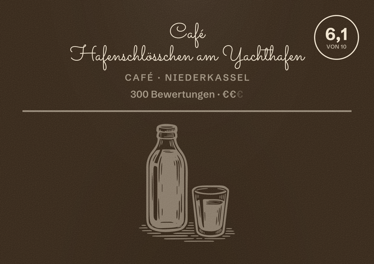 Illustriertes Poster von Café Hafenschlösschen am Yachthafen, Café in Niederkassel: Bewertung 6,1 von 10 aus 300 Bewertungen, Preisniveau €€