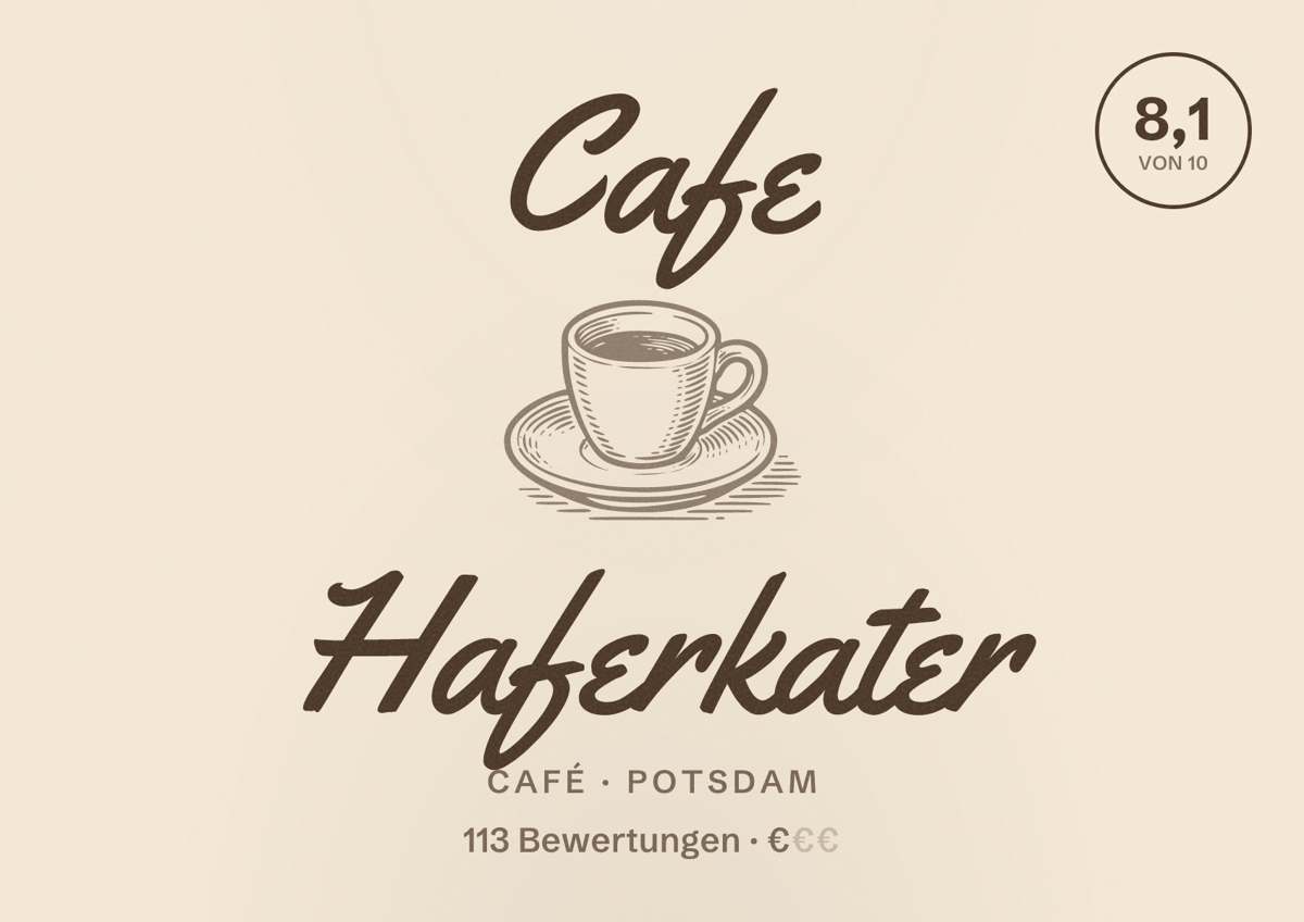 Illustriertes Poster von Cafe Haferkater, Café in Potsdam: Bewertung 8,1 von 10 aus 113 Bewertungen, Preisniveau €