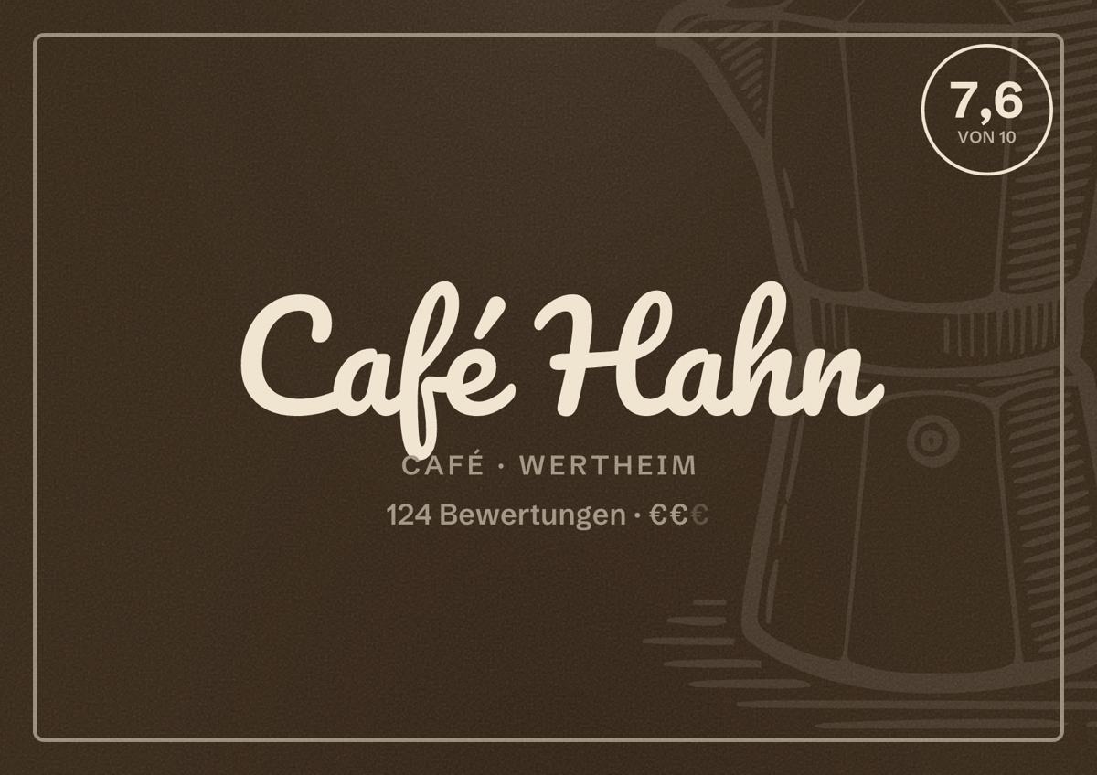 Illustriertes Poster von Café Hahn, Café in Wertheim: Bewertung 7,6 von 10 aus 124 Bewertungen, Preisniveau €€