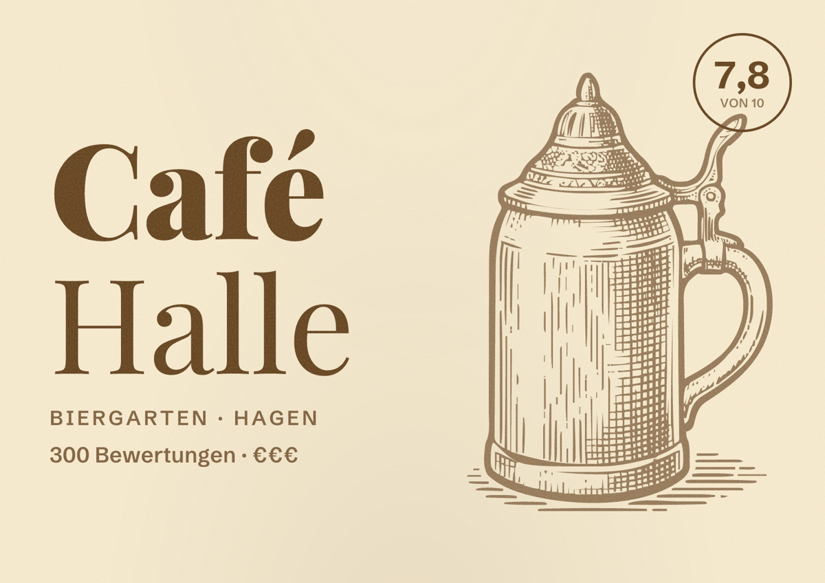 Illustriertes Poster von Café Halle, Biergarten in Hagen: Bewertung 7,8 von 10 aus 300 Bewertungen, Preisniveau €€€