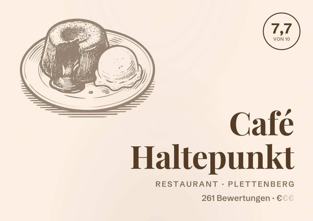 Illustriertes Poster von Café Haltepunkt, Restaurant in Plettenberg: Bewertung 7,7 von 10 aus 261 Bewertungen, Preisniveau €