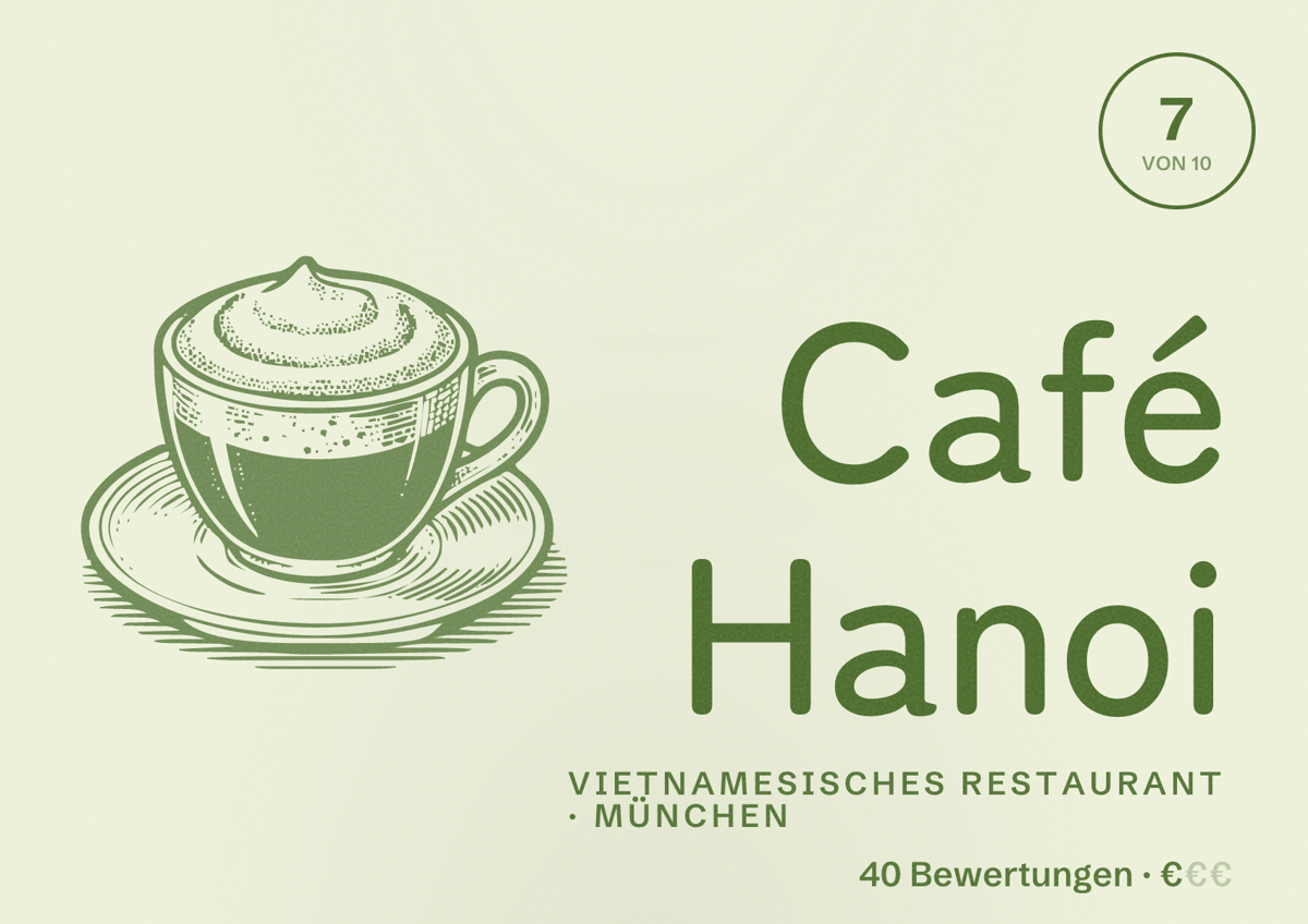 Illustriertes Poster von Café Hanoi, Vietnamesisches Restaurant in München: Bewertung 7,0 von 10 aus 40 Bewertungen, Preisniveau €