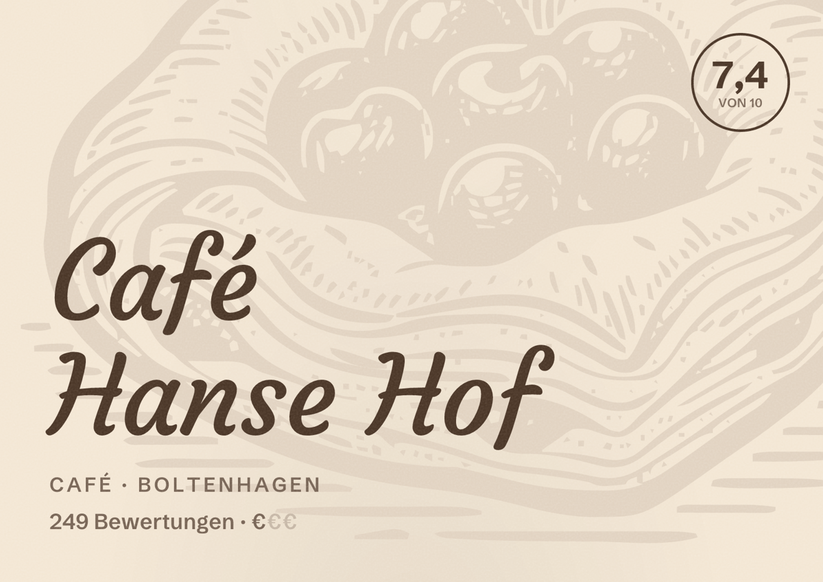Illustriertes Poster von Café Hanse Hof, Café in Boltenhagen: Bewertung 7,4 von 10 aus 249 Bewertungen, Preisniveau €