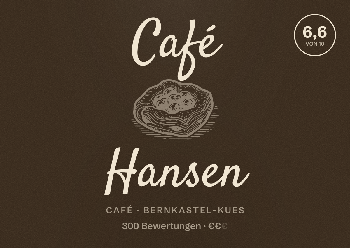 Illustriertes Poster von Café Hansen, Café in Bernkastel-Kues: Bewertung 6,6 von 10 aus 300 Bewertungen, Preisniveau €€