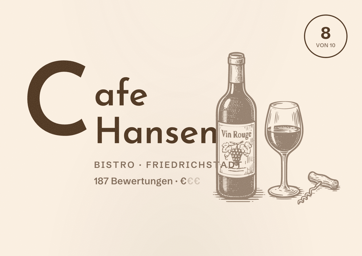 Illustriertes Poster von Cafe Hansen, Bistro in Friedrichstadt: Bewertung 8 von 10 aus 187 Bewertungen, Preisniveau €