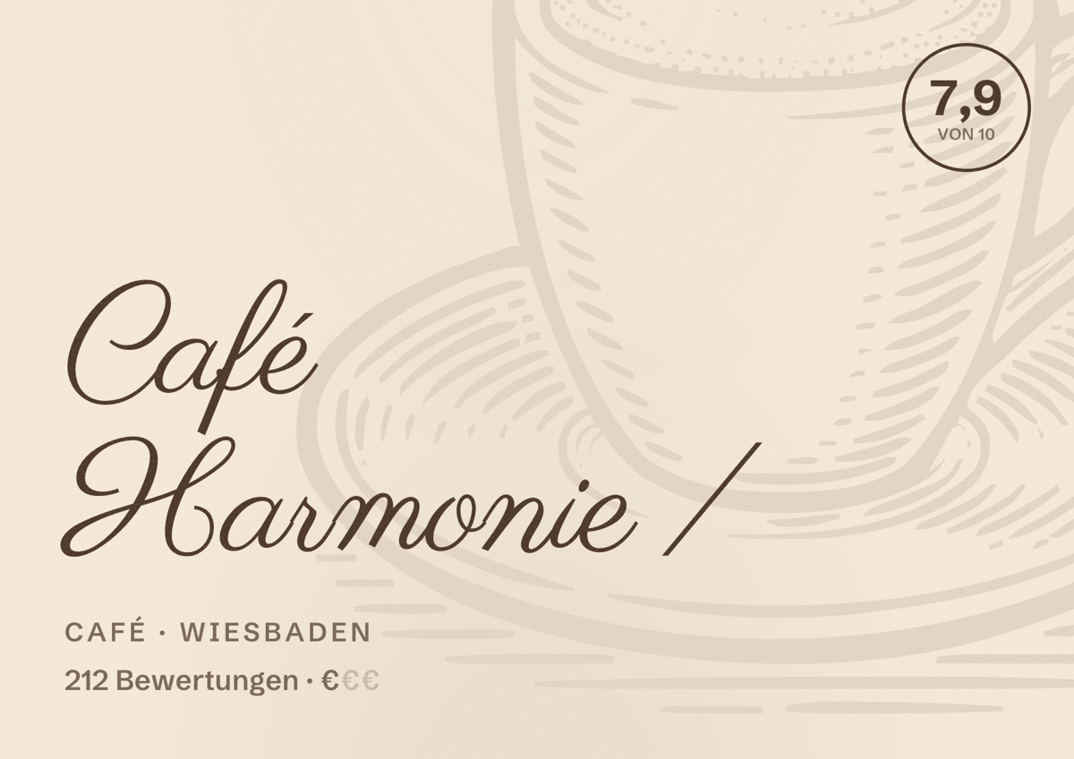 Illustriertes Poster von Café Harmonie /, Café in Wiesbaden: Bewertung 7,9 von 10 aus 212 Bewertungen, Preisniveau €