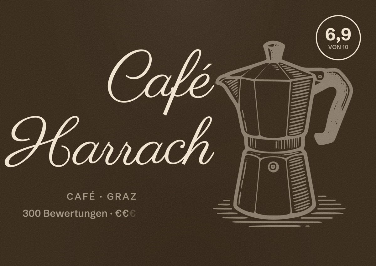 Illustriertes Poster von Café Harrach, Café in Graz: Bewertung 6,9 von 10 aus 300 Bewertungen, Preisniveau €€
