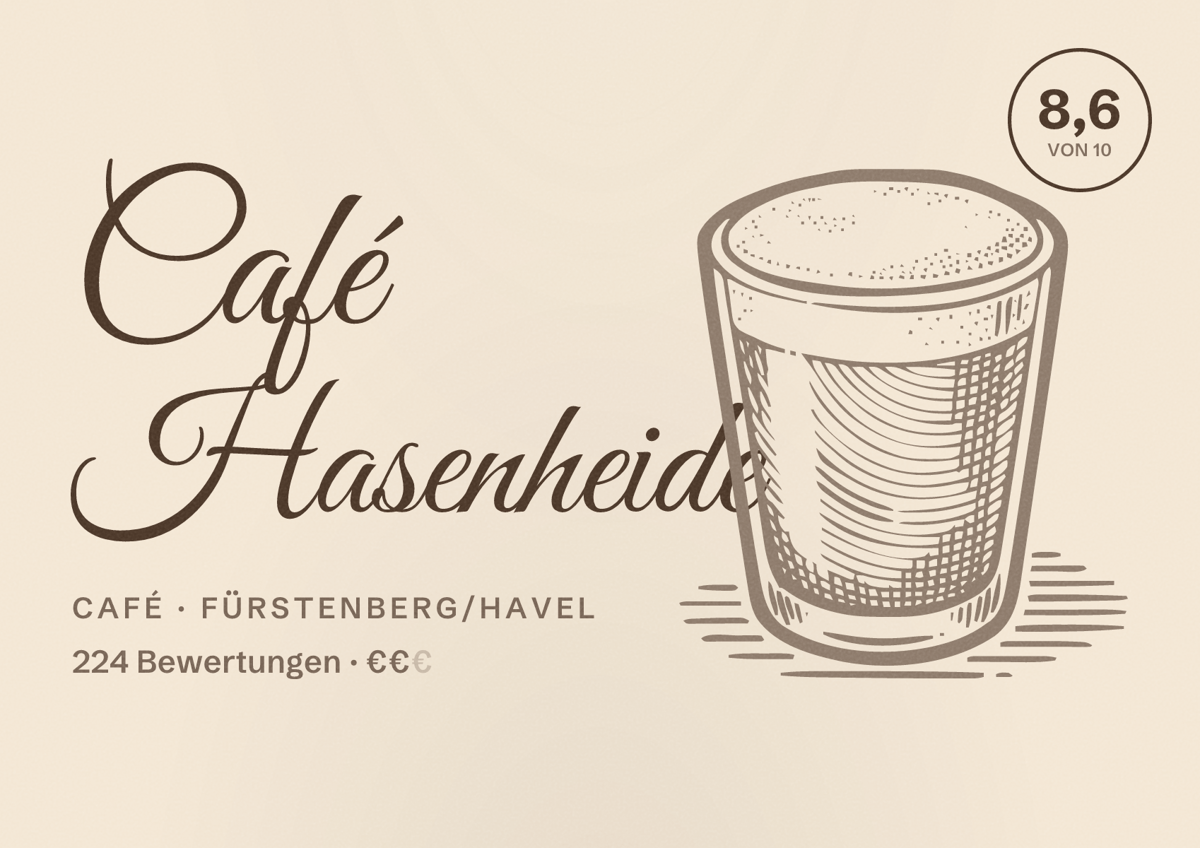 Illustriertes Poster von Café Hasenheide, Café in Fürstenberg/Havel: Bewertung 8,6 von 10 aus 224 Bewertungen, Preisniveau €€