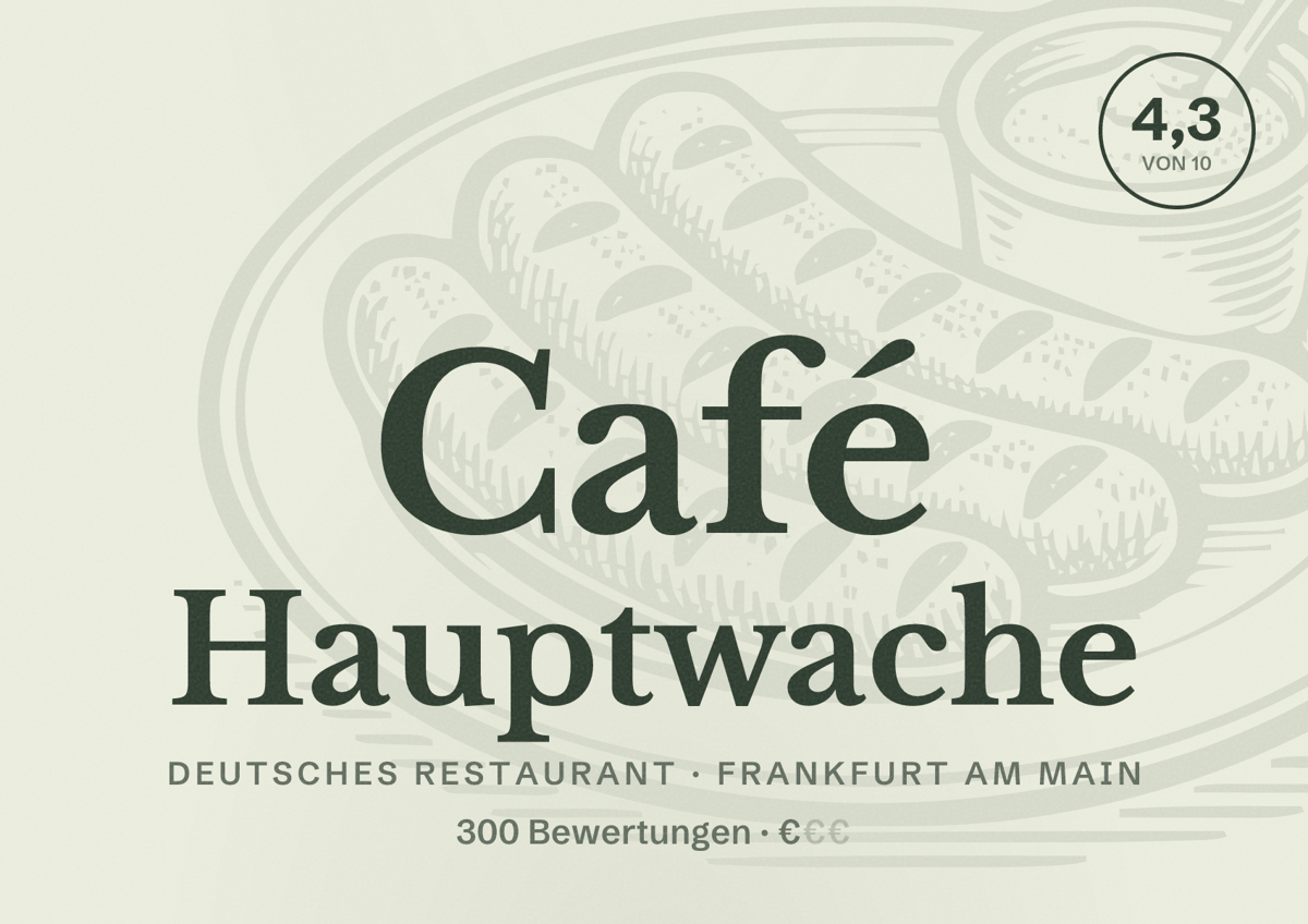 Illustriertes Poster von Café Hauptwache, Deutsches Restaurant in Frankfurt am Main: Bewertung 4,3 von 10 aus 300 Bewertungen, Preisniveau €