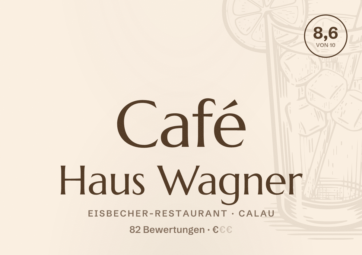 Illustriertes Poster von Café Haus Wagner, Eisbecher-Restaurant in Calau: Bewertung 8,6 von 10 aus 82 Bewertungen, Preisniveau €