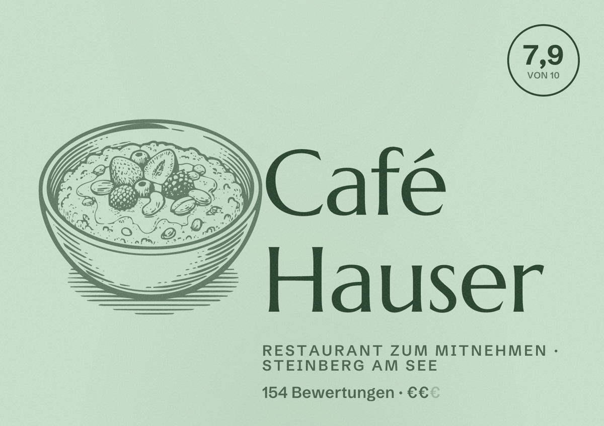 Illustriertes Poster von Café Hauser, Restaurant zum Mitnehmen in Steinberg am See: Bewertung 7,9 von 10 aus 154 Bewertungen, Preisniveau €€