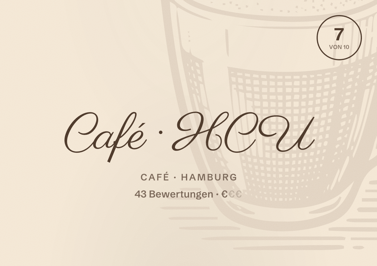 Illustriertes Poster von Café HCU, Café in Hamburg: Bewertung 7 von 10 aus 43 Bewertungen, Preisniveau €