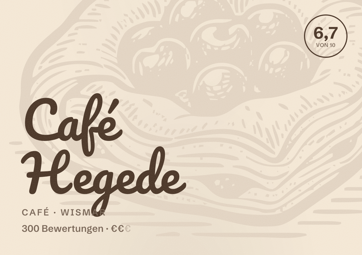 Illustriertes Poster von Café Hegede, Café in Wismar: Bewertung 6,7 von 10 aus 300 Bewertungen, Preisniveau €€