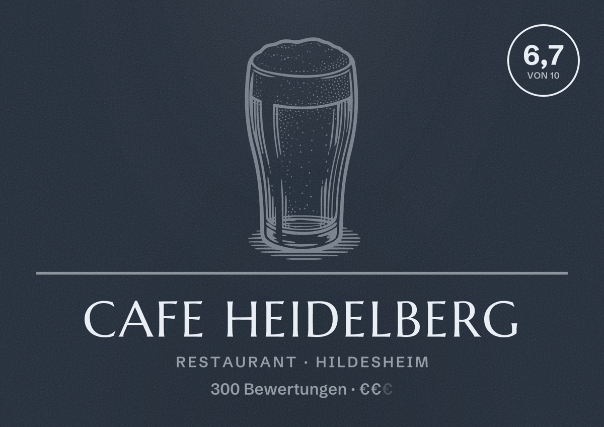 Illustriertes Poster von Cafe Heidelberg, Restaurant in Hildesheim: Bewertung 6,7 von 10 aus 300 Bewertungen, Preisniveau €€