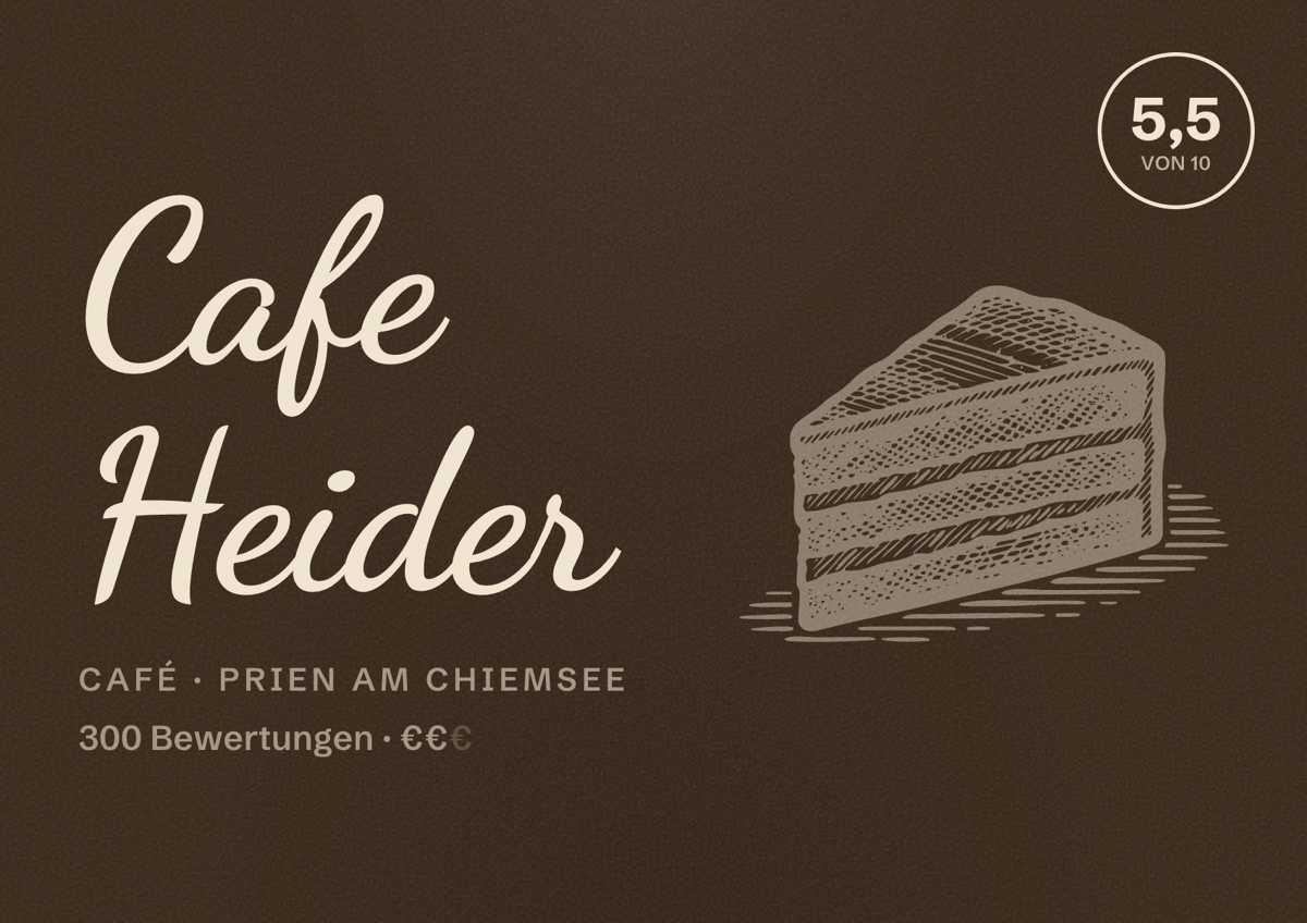 Illustriertes Poster von Cafe Heider, Café in Prien am Chiemsee: Bewertung 5,5 von 10 aus 300 Bewertungen, Preisniveau €€