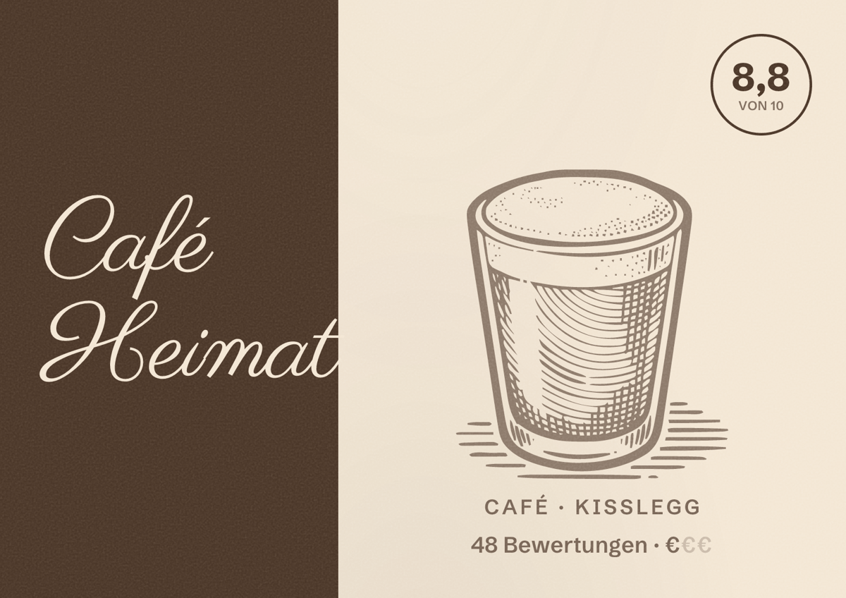 Illustriertes Poster von Café Heimat, Café in Kißlegg: Bewertung 8,8 von 10 aus 48 Bewertungen, Preisniveau €