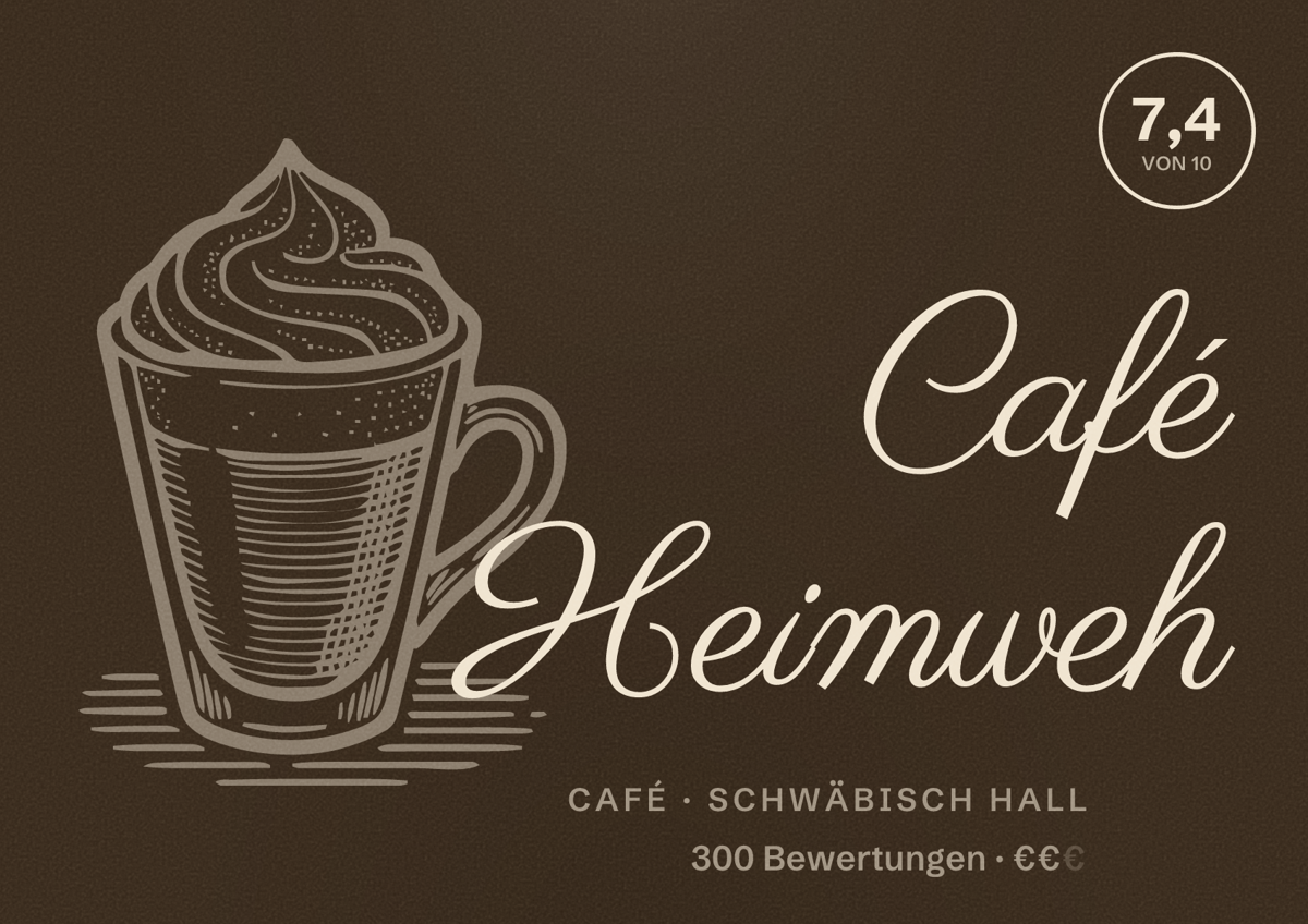 Illustriertes Poster von Café Heimweh, Café in Schwäbisch Hall: Bewertung 7,4 von 10 aus 300 Bewertungen, Preisniveau €€