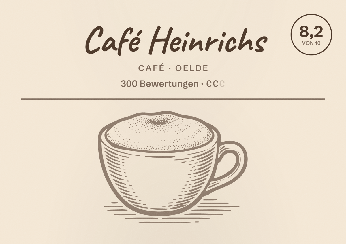 Illustriertes Poster von Café Heinrichs, Café in Oelde: Bewertung 8,2 von 10 aus 300 Bewertungen, Preisniveau €€