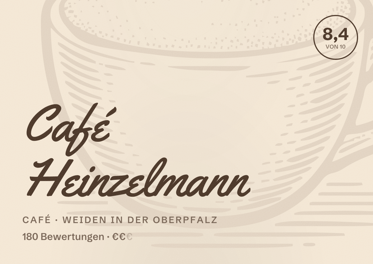 Illustriertes Poster von Café Heinzelmann, Café in Weiden in der Oberpfalz: Bewertung 8,4 von 10 aus 180 Bewertungen, Preisniveau €€