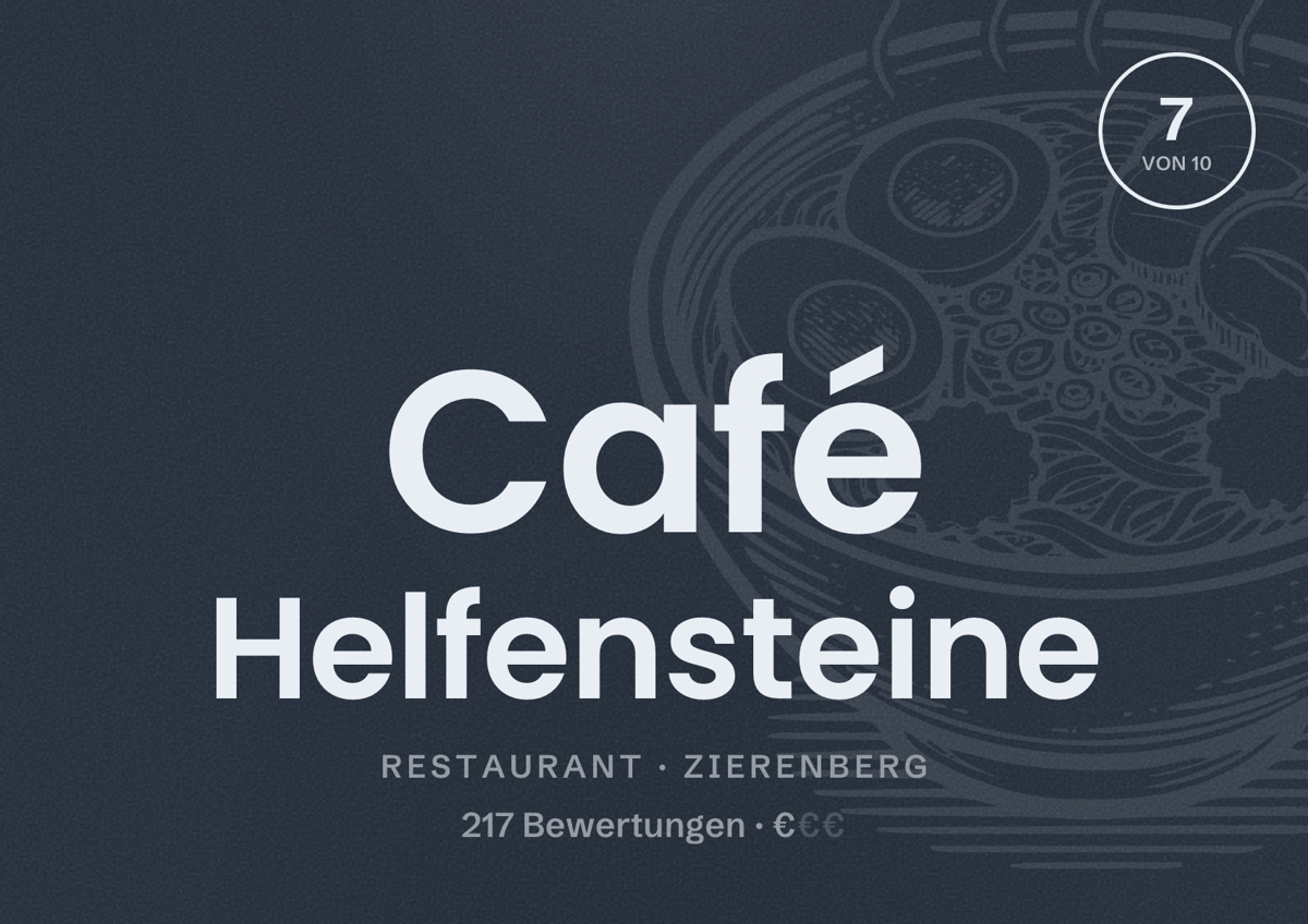 Illustriertes Poster von Café Helfensteine, Restaurant in Zierenberg: Bewertung 7 von 10 aus 217 Bewertungen, Preisniveau €