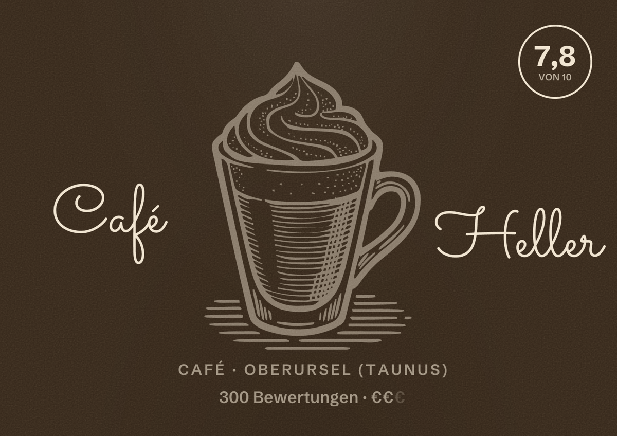 Illustriertes Poster von Café Heller, Café in Oberursel (Taunus): Bewertung 7,8 von 10 aus 300 Bewertungen, Preisniveau €€