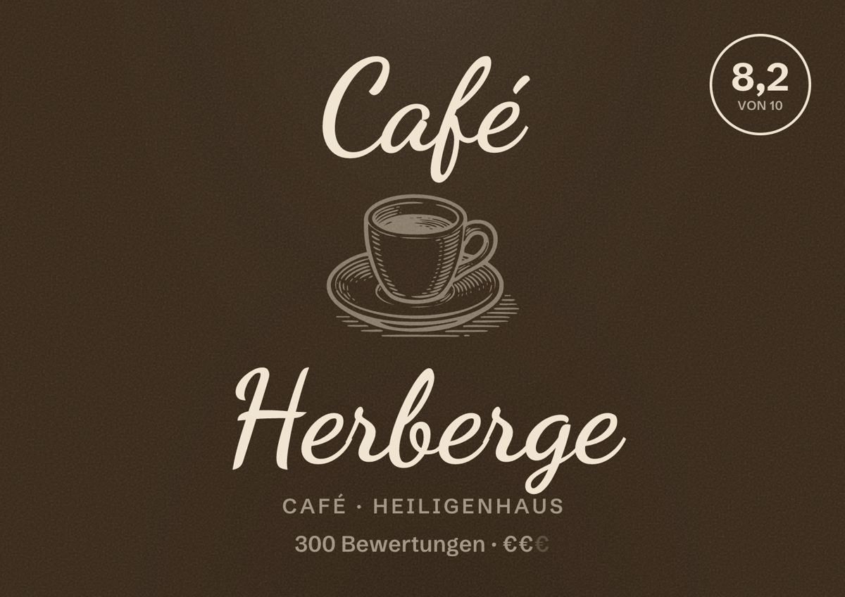 Illustriertes Poster von Café Herberge, Café in Heiligenhaus: Bewertung 8,2 von 10 aus 300 Bewertungen, Preisniveau €€