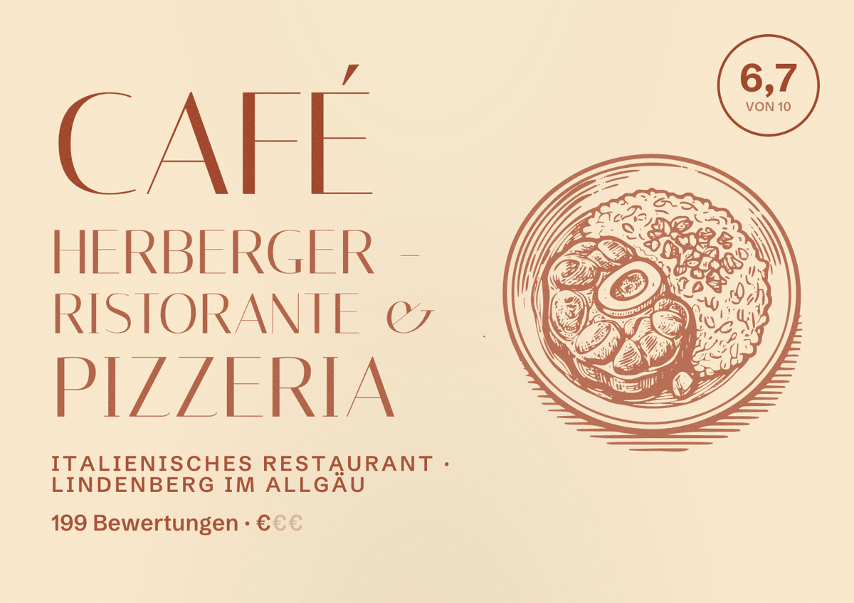 Illustriertes Poster von Café Herberger - Ristorante & Pizzeria, Italienisches Restaurant in Lindenberg im Allgäu: Bewertung 6,7 von 10 aus 199 Bewertungen, Preisniveau €