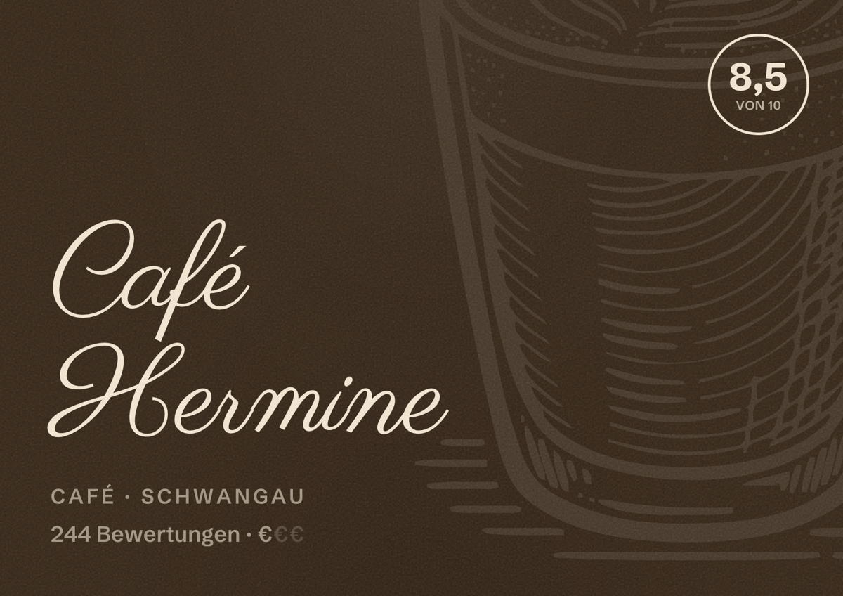 Illustriertes Poster von Café Hermine, Café in Schwangau: Bewertung 8,5 von 10 aus 244 Bewertungen, Preisniveau €