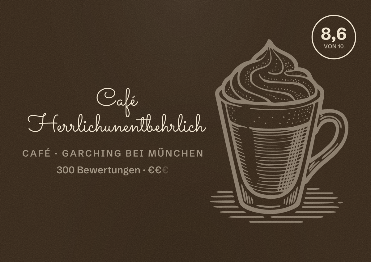 Illustriertes Poster von Café Herrlichunentbehrlich, Café in Garching bei München: Bewertung 8,6 von 10 aus 300 Bewertungen, Preisniveau €€
