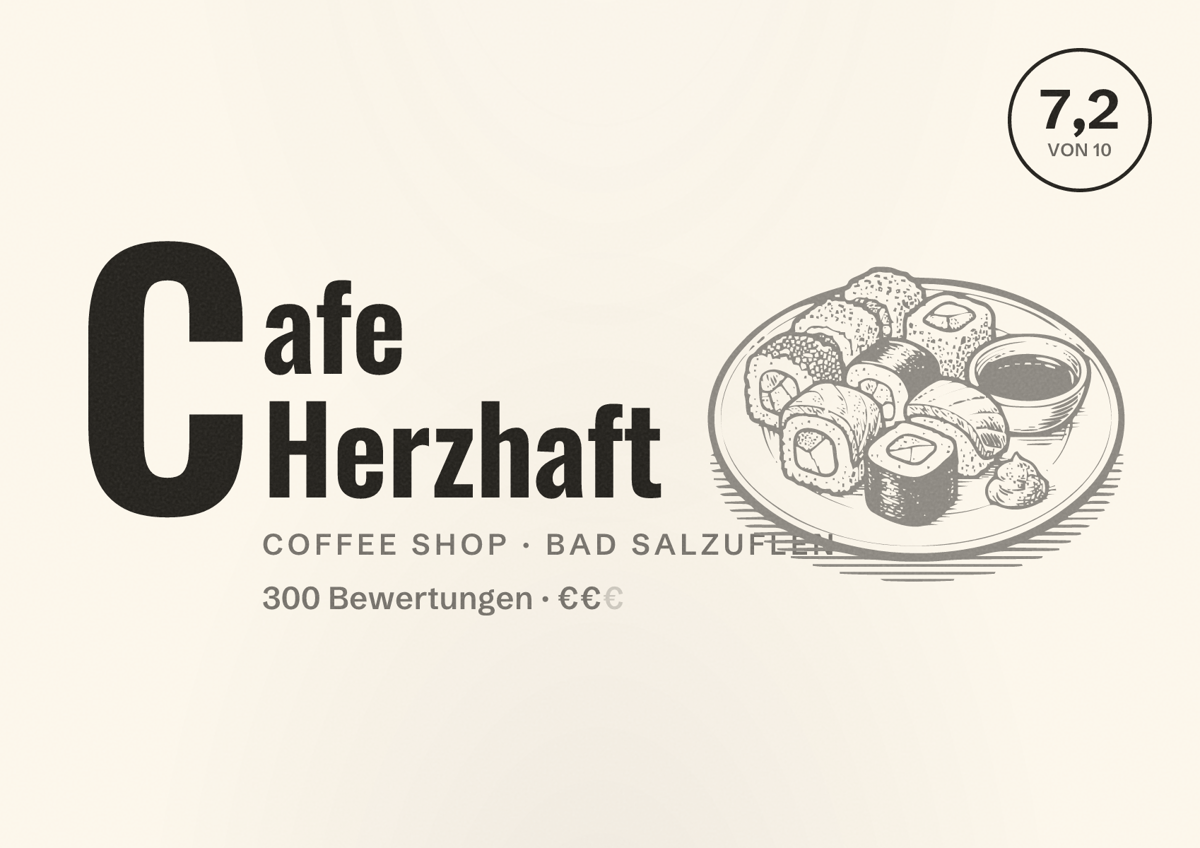 Illustriertes Poster von Cafe Herzhaft, Coffee Shop in Bad Salzuflen: Bewertung 7,2 von 10 aus 300 Bewertungen, Preisniveau €€