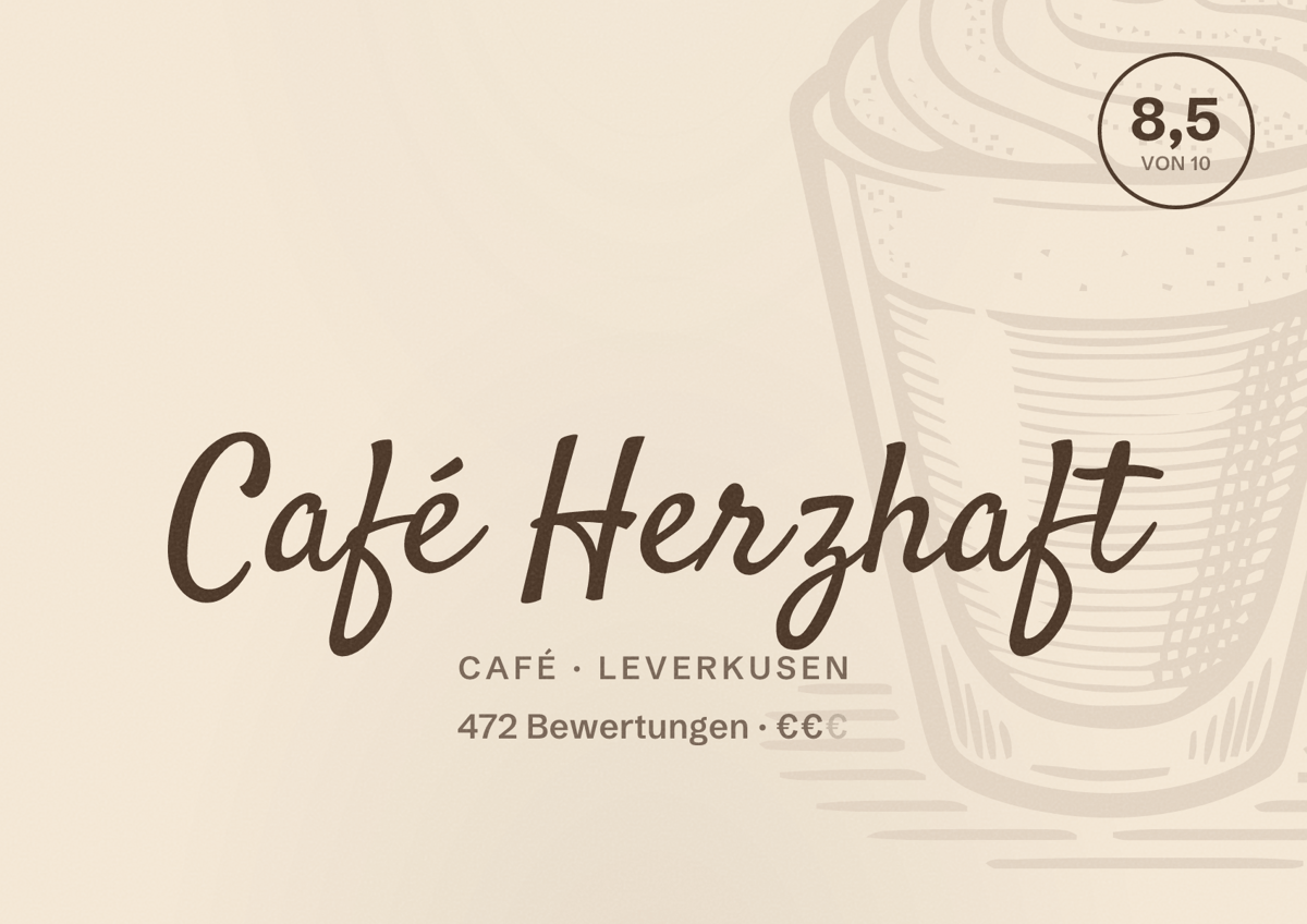 Illustriertes Poster von Café Herzhaft, Café in Leverkusen: Bewertung 8,5 von 10 aus 472 Bewertungen, Preisniveau €€