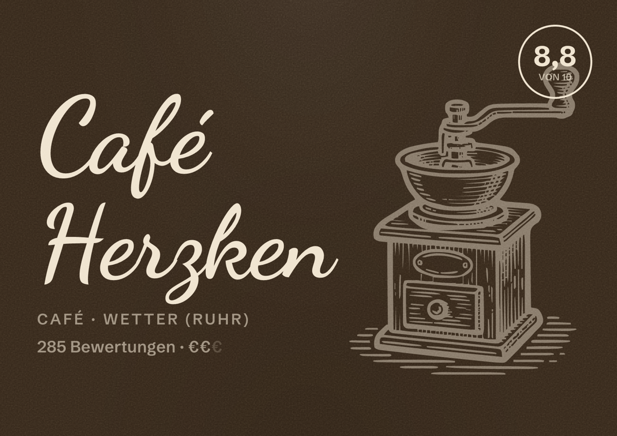 Illustriertes Poster von Café Herzken, Café in Wetter (Ruhr): Bewertung 8,8 von 10 aus 285 Bewertungen, Preisniveau €€