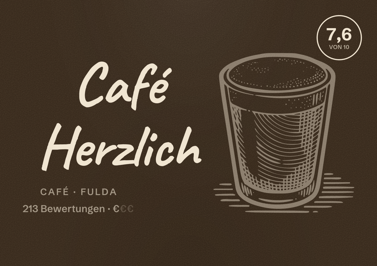 Illustriertes Poster von Café Herzlich, Café in Fulda: Bewertung 7,6 von 10 aus 213 Bewertungen, Preisniveau €