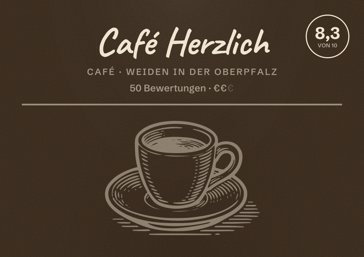 Illustriertes Poster von Café Herzlich, Café in Weiden in der Oberpfalz: Bewertung 8,3 von 10 aus 50 Bewertungen, Preisniveau €€