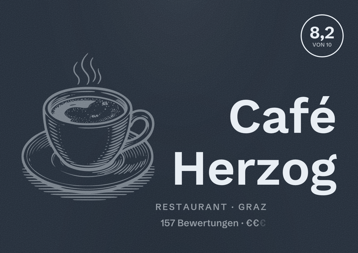 Illustriertes Poster von Café Herzog, Restaurant in Graz: Bewertung 8,2 von 10 aus 157 Bewertungen, Preisniveau €€