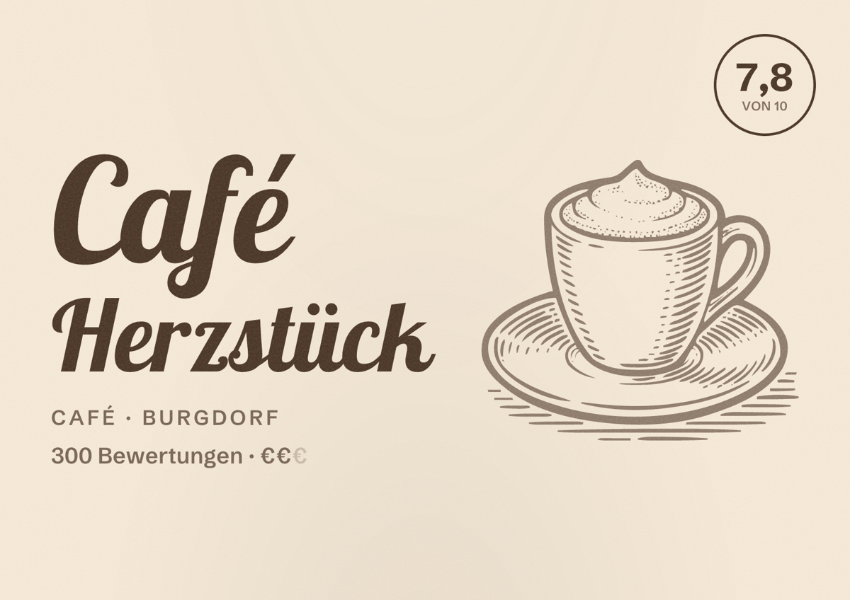 Illustriertes Poster von Café Herzstück, Café in Burgdorf: Bewertung 7,8 von 10 aus 300 Bewertungen, Preisniveau €€